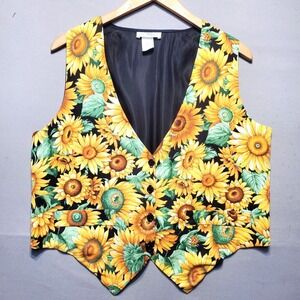 VTG 111 Main Sunflower Print Vest Women L/XL Yellow Floral Lined Cottagecore USA